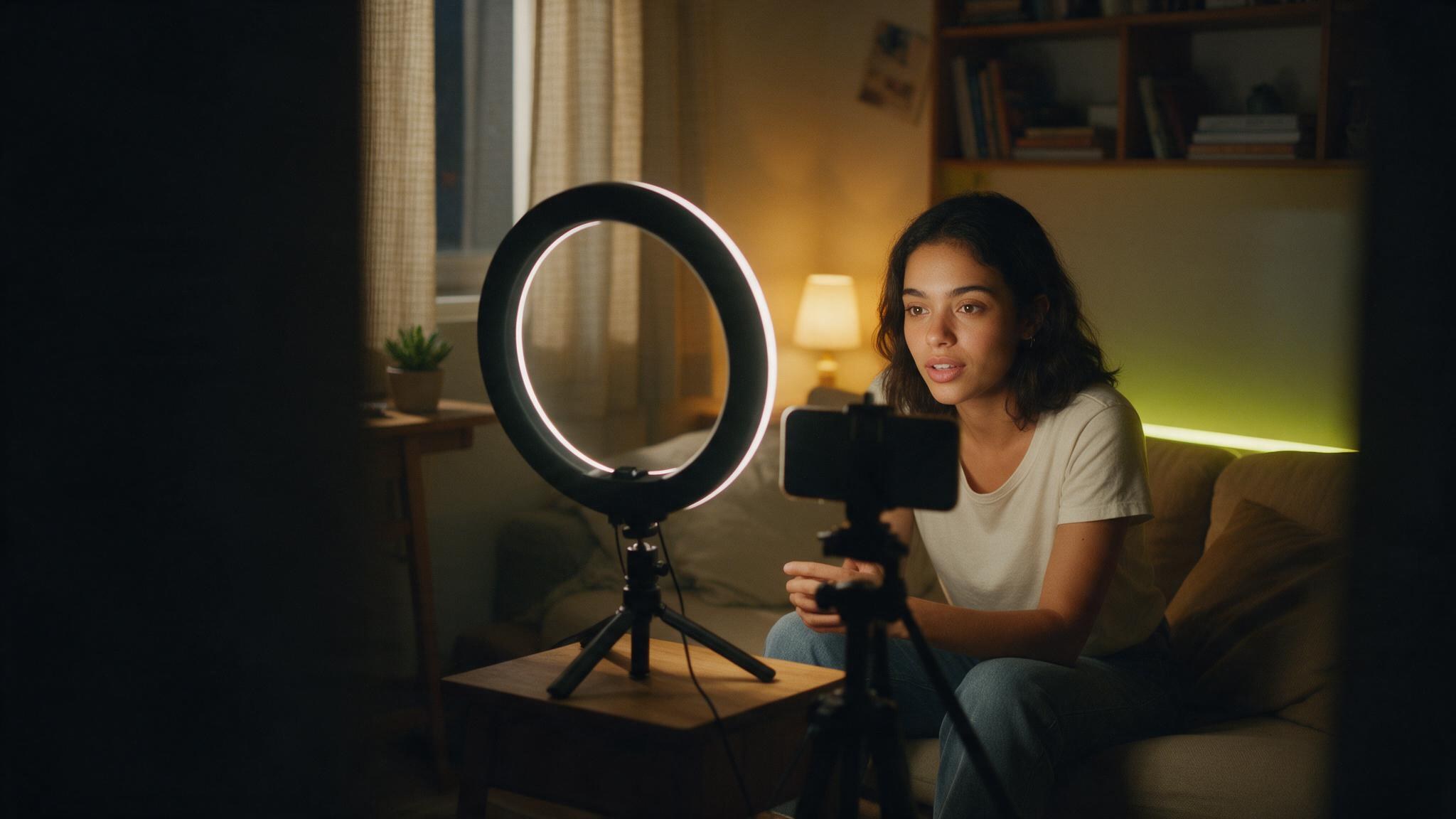 Creator gravando no quarto-estúdio: ring light, celular no tripé, sofá bege e fita de luz limão