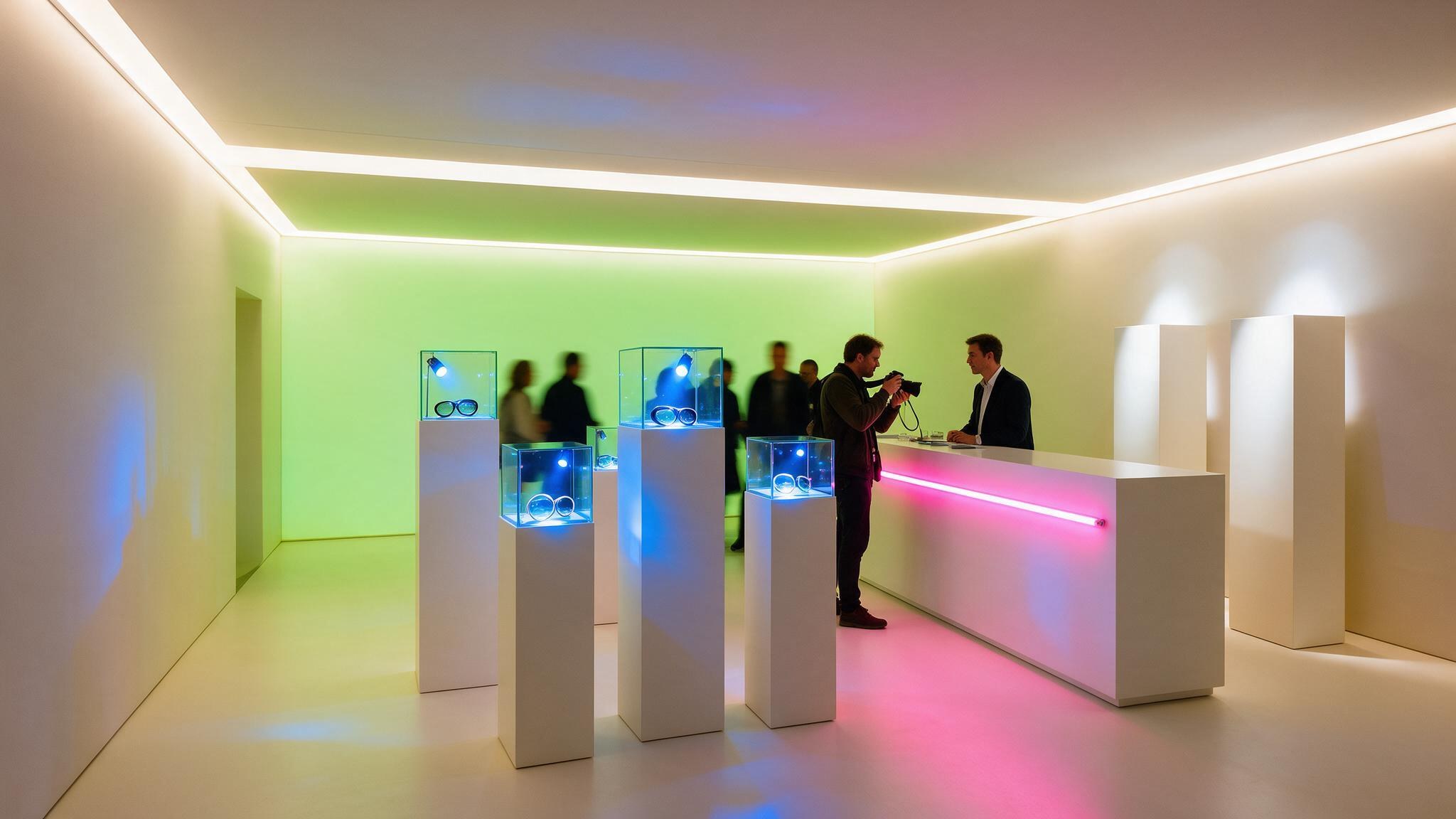 Estande claro com vitrines iluminadas e luz limão, rosa e azul, visitantes conversando ao balcão