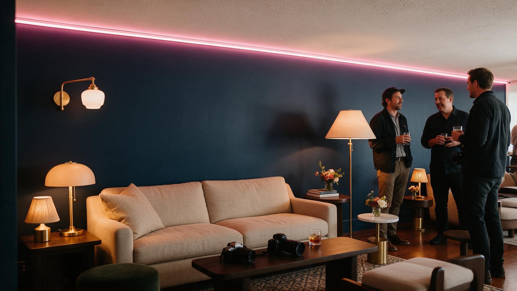Lounge VIP: sofá bege, luminárias quentes, câmeras na mesa e uma linha de luz magenta no teto