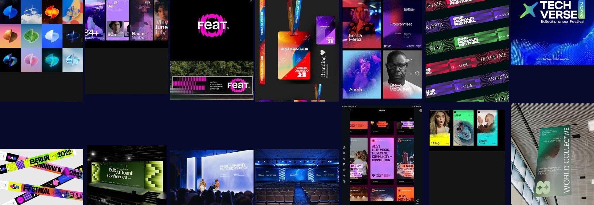 Referências de marca: fundo azul profundo, wordmark empilhado, símbolo em materiais, credenciais e palcos
