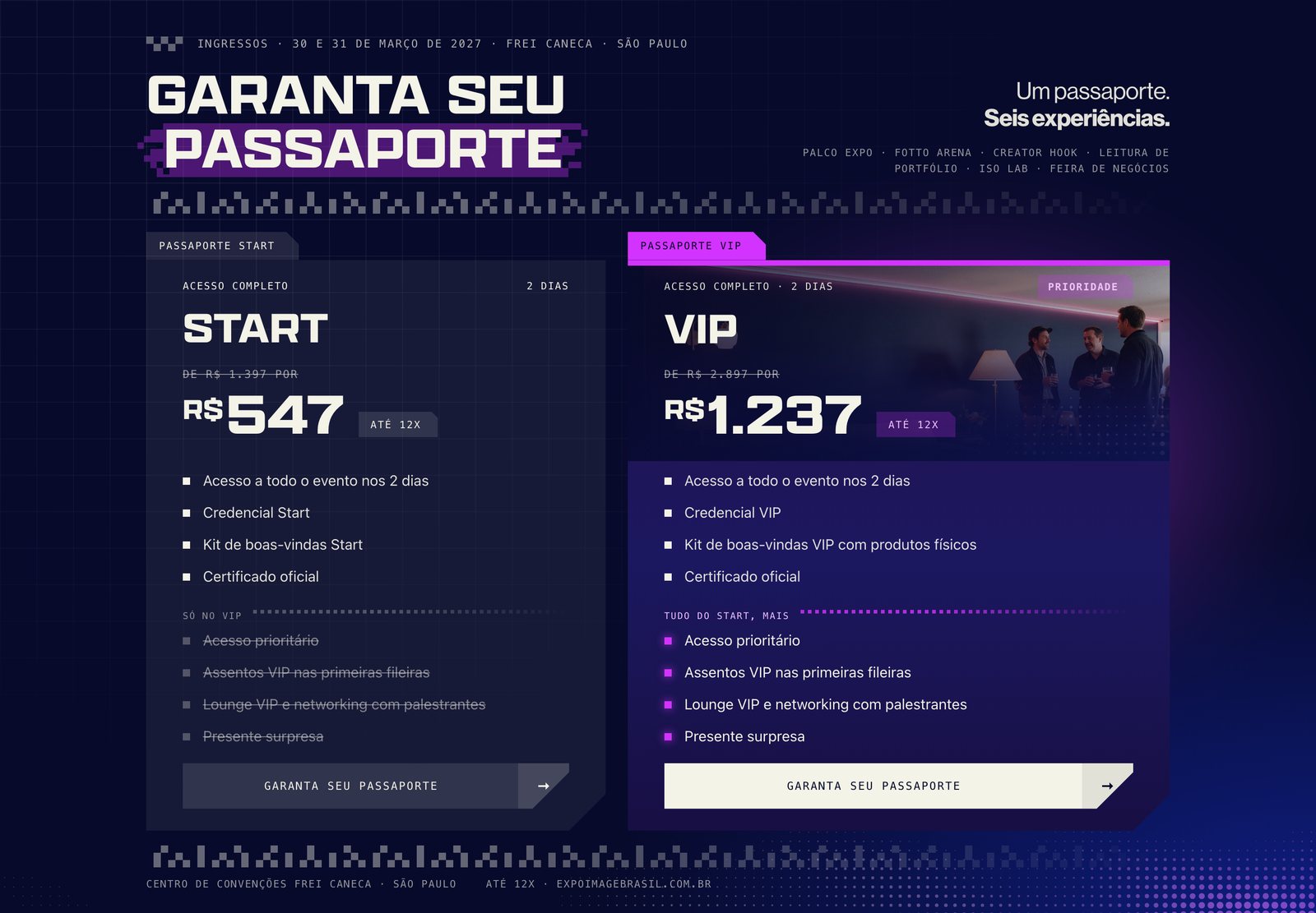 Seção Garanta seu passaporte: cards Start e VIP lado a lado
