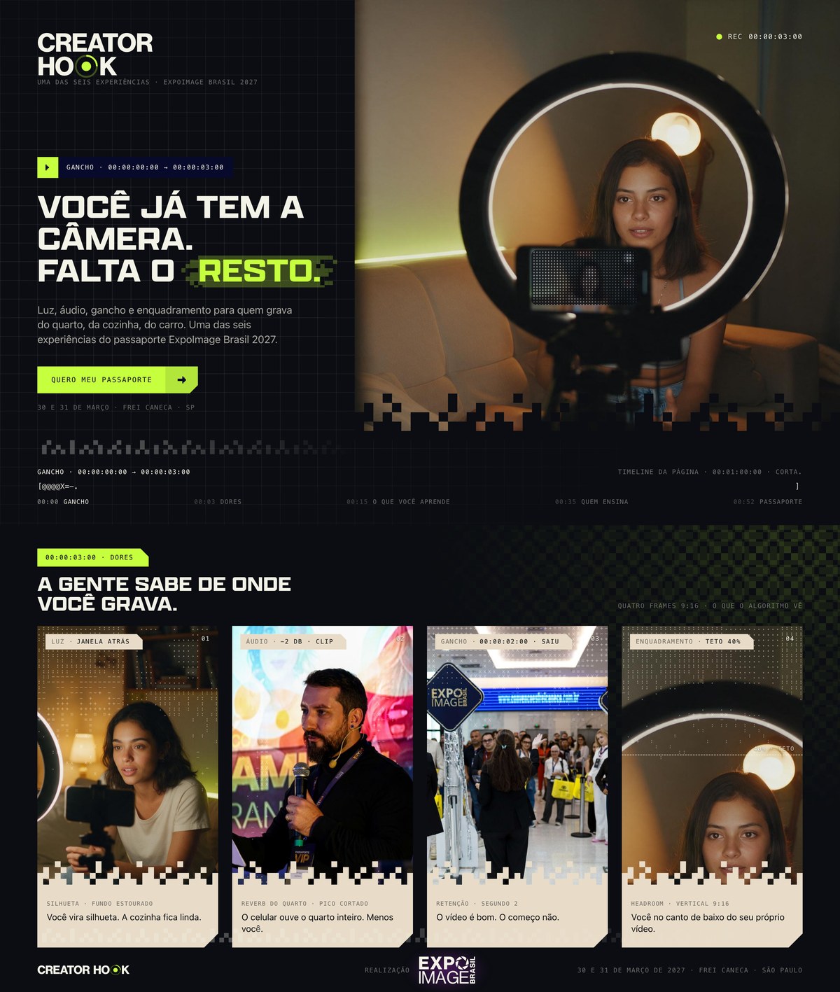 Landing do Creator Hook: hero Você já tem a câmera. Falta o resto. e bloco com quatro fotos
