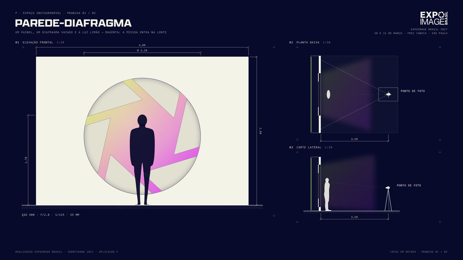 Parede-diafragma: elevação com a pessoa dentro do diafragma vazado, luz limão a magenta, planta baixa e corte lateral