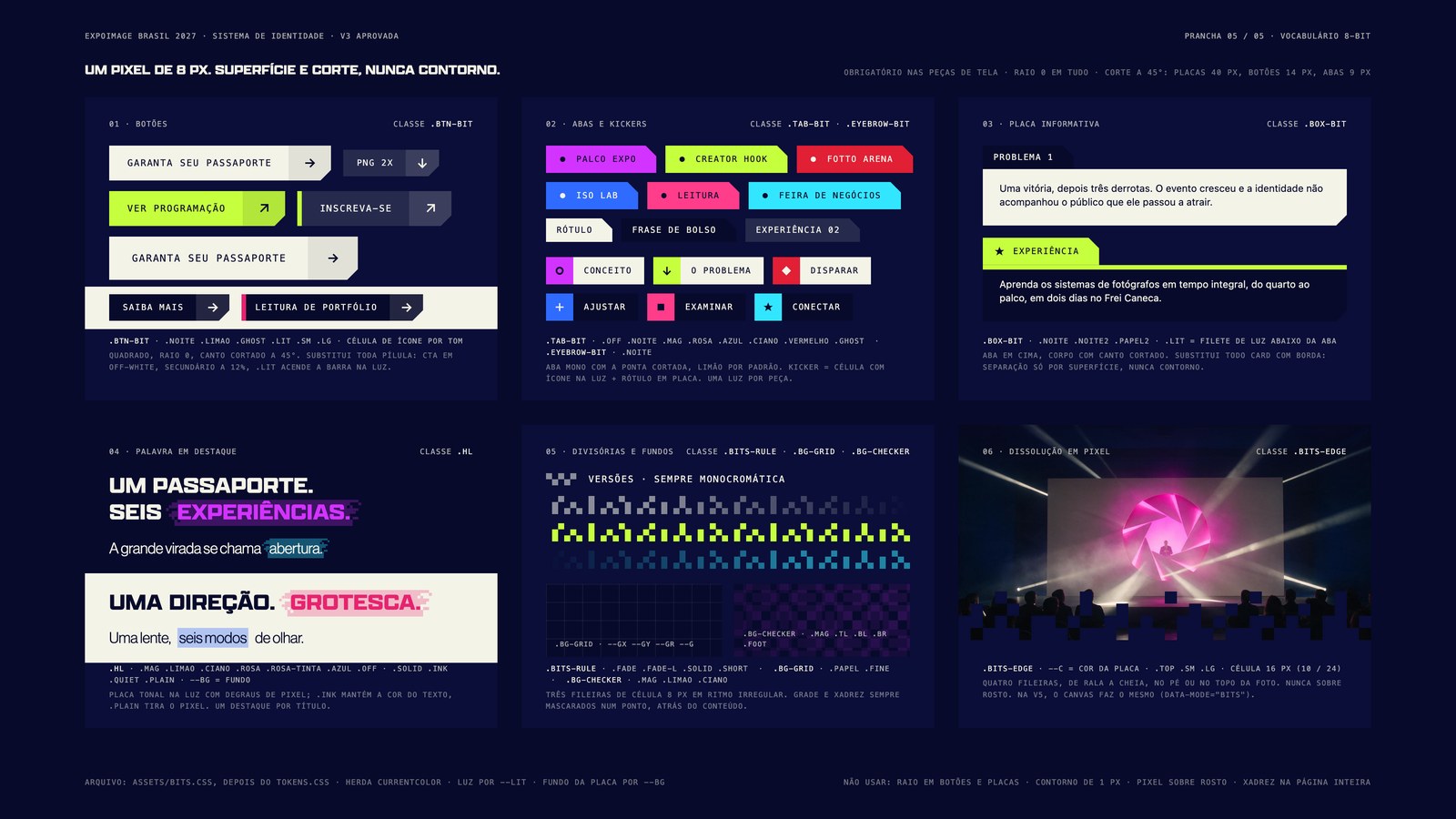 Prancha 5 do brand board: vocabulário 8-bit com botões quadrados, abas, placa informativa, palavra em destaque, divisórias, fundos localizados e dissolução em pixel